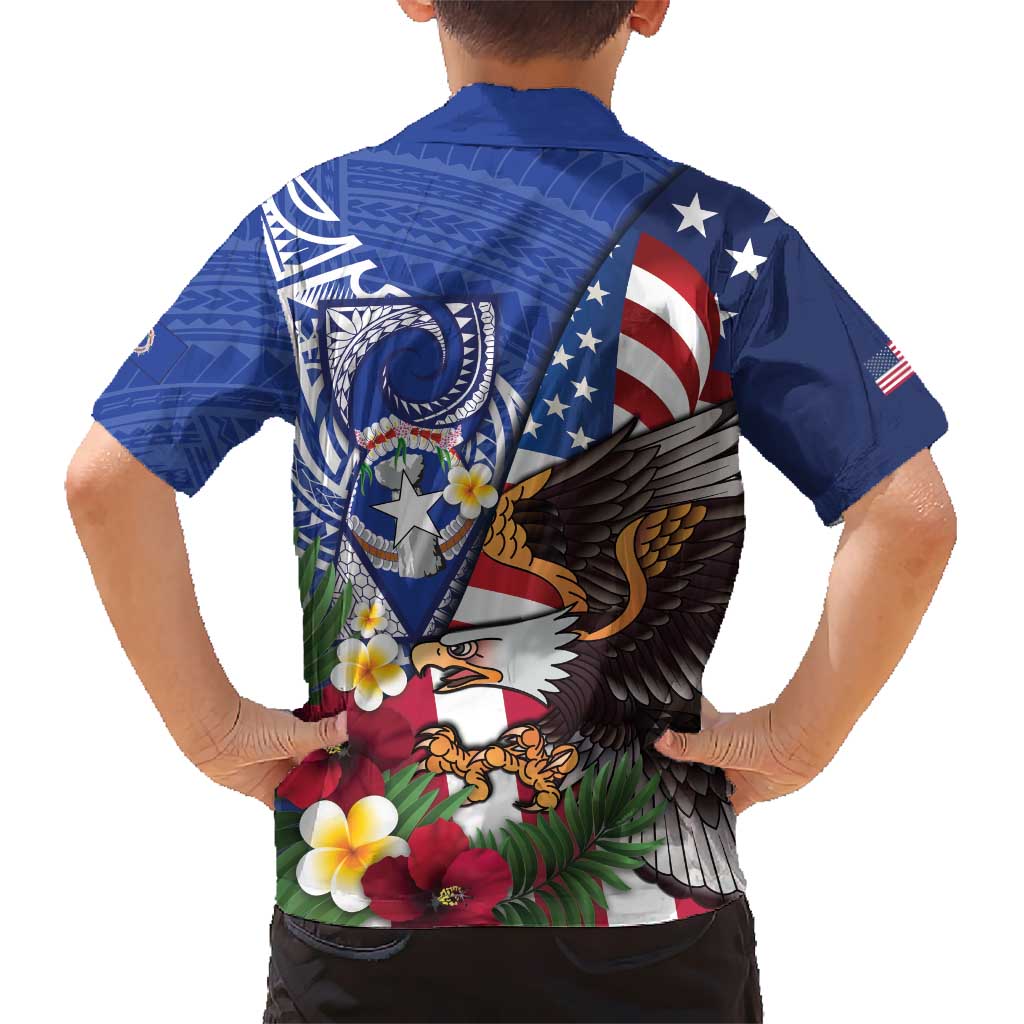 United States and Northern Mariana Islands Family Matching Off Shoulder Short Dress and Hawaiian Shirt USA Flag Eagle CNMI Latte Stone Tropical Flowers