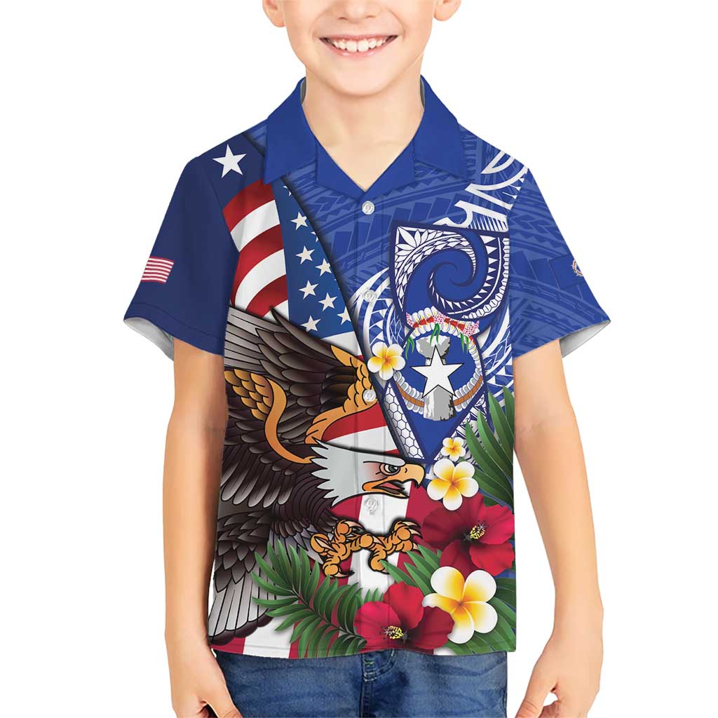 United States and Northern Mariana Islands Family Matching Off Shoulder Short Dress and Hawaiian Shirt USA Flag Eagle CNMI Latte Stone Tropical Flowers