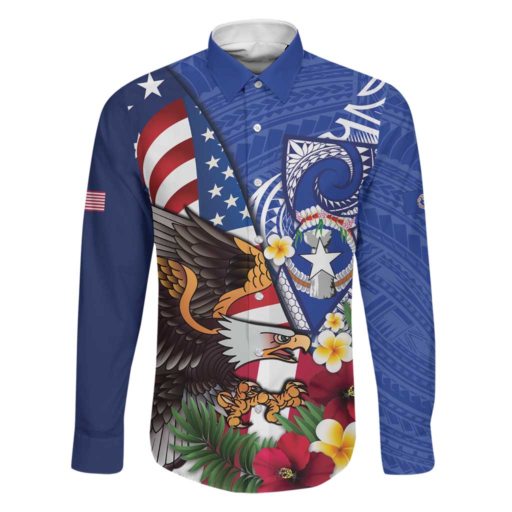 United States and Northern Mariana Islands Family Matching Puletasi and Hawaiian Shirt USA Flag Eagle CNMI Latte Stone Tropical Flowers