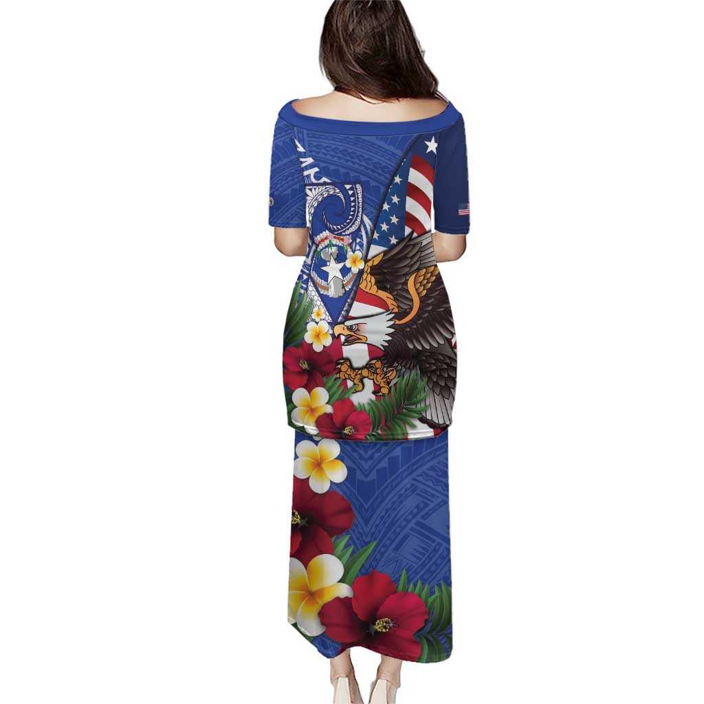 United States and Northern Mariana Islands Family Matching Puletasi and Hawaiian Shirt USA Flag Eagle CNMI Latte Stone Tropical Flowers