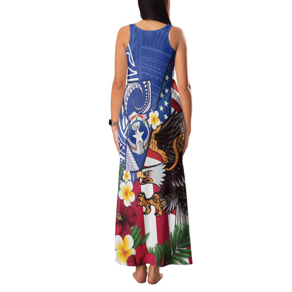 United States and Northern Mariana Islands Family Matching Tank Maxi Dress and Hawaiian Shirt USA Flag Eagle CNMI Latte Stone Tropical Flowers