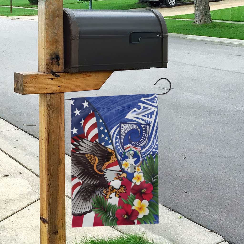 United States and Northern Mariana Islands Garden Flag USA Flag Eagle CNMI Latte Stone Tropical Flowers