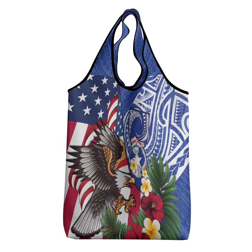 United States and Northern Mariana Islands Grocery Bag USA Flag Eagle CNMI Latte Stone Tropical Flowers