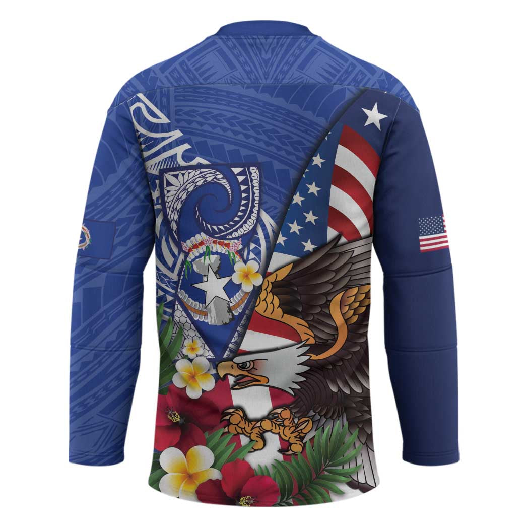 United States and Northern Mariana Islands Hockey Jersey USA Flag Eagle CNMI Latte Stone Tropical Flowers