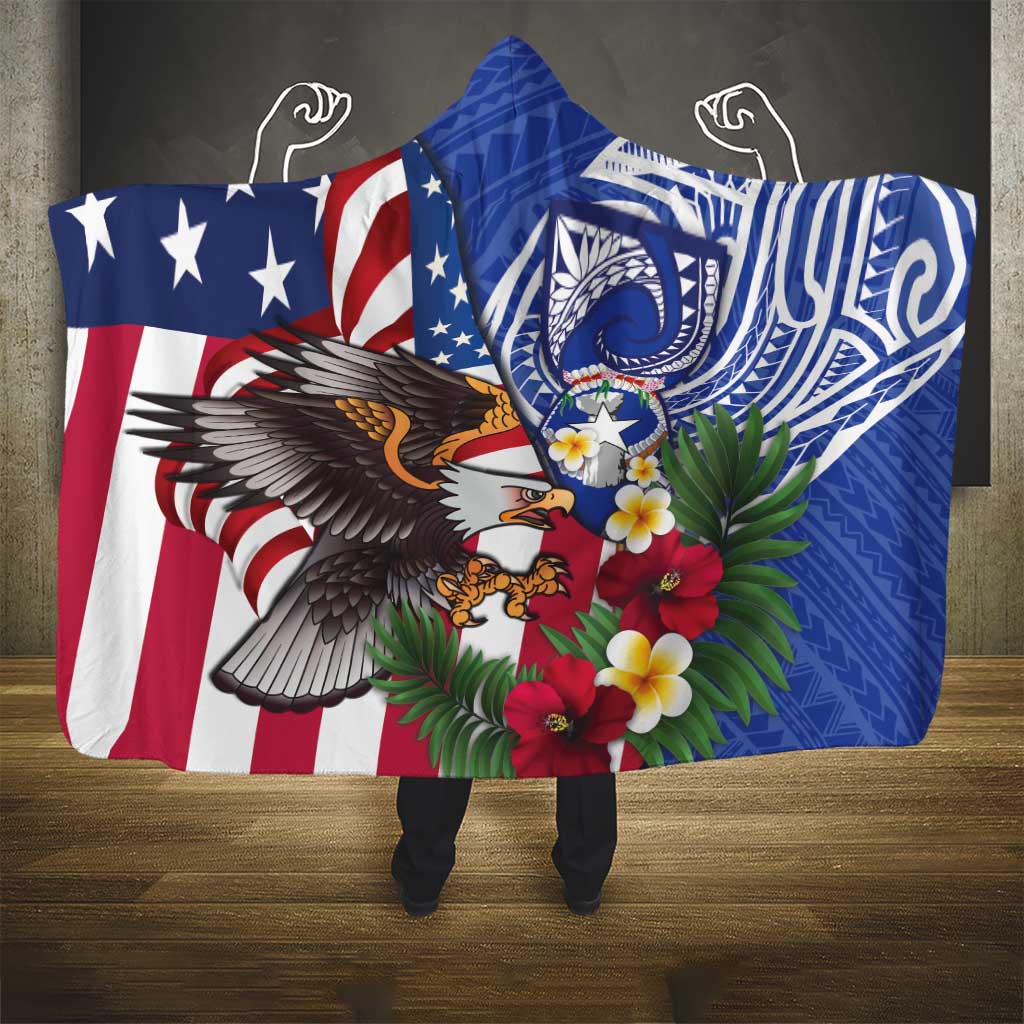 United States and Northern Mariana Islands Hooded Blanket USA Flag Eagle CNMI Latte Stone Tropical Flowers