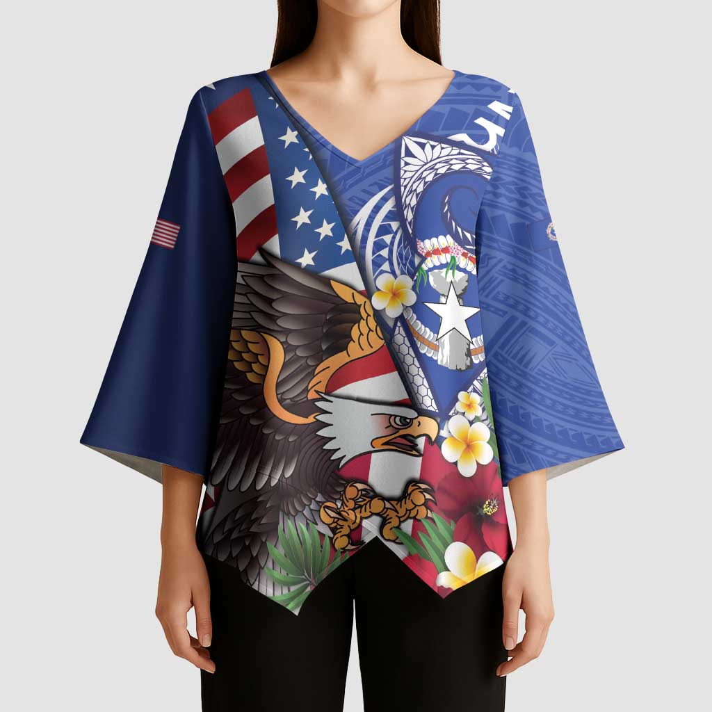 United States and Northern Mariana Islands Kimono Sleeve Blouse USA Flag Eagle CNMI Latte Stone Tropical Flowers