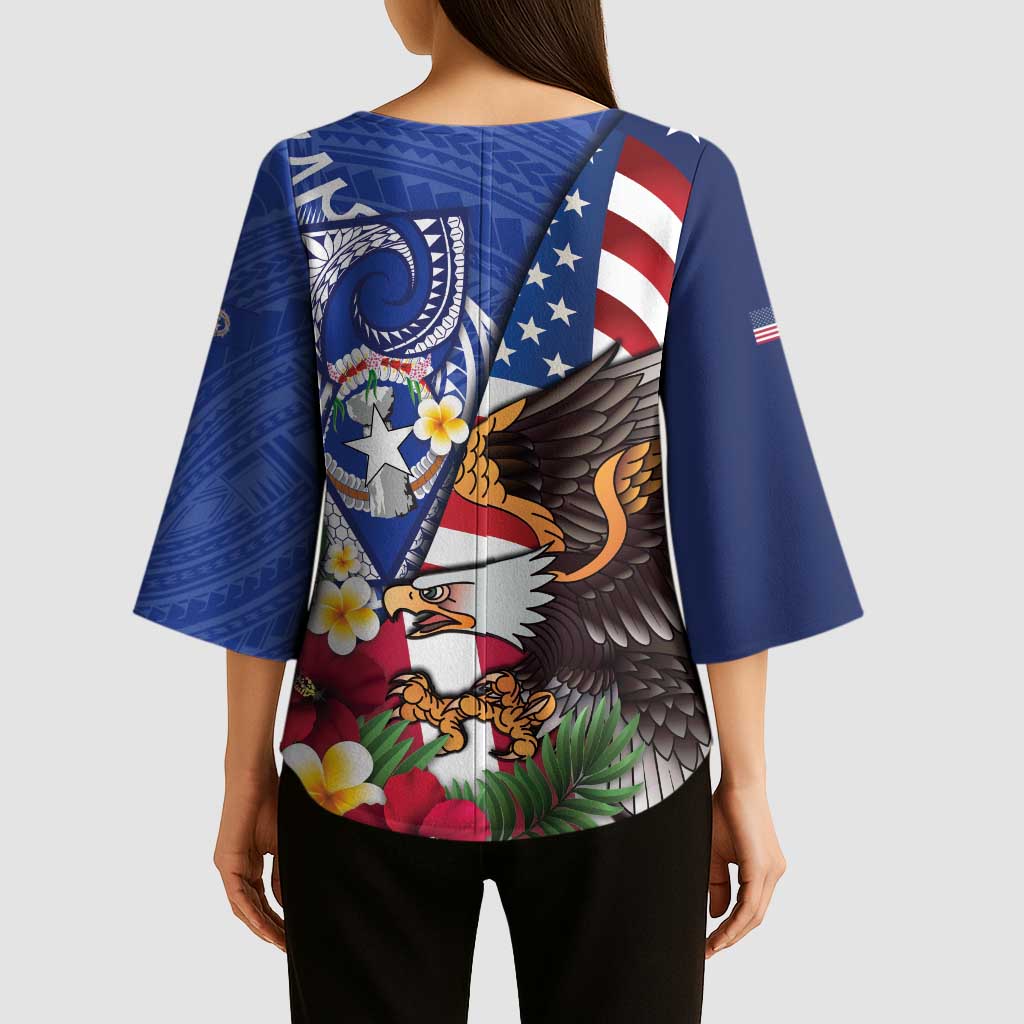 United States and Northern Mariana Islands Kimono Sleeve Blouse USA Flag Eagle CNMI Latte Stone Tropical Flowers