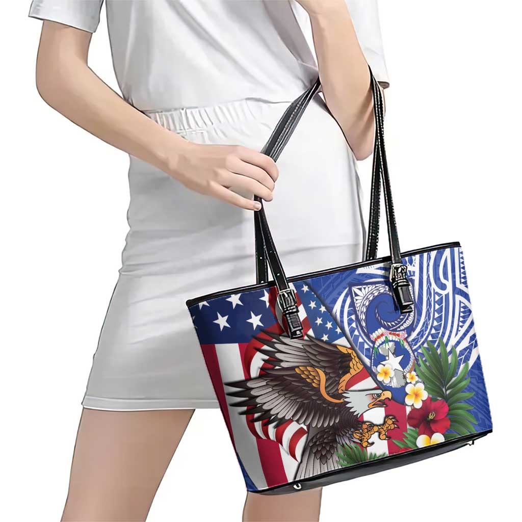 United States and Northern Mariana Islands Leather Tote Bag USA Flag Eagle CNMI Latte Stone Tropical Flowers