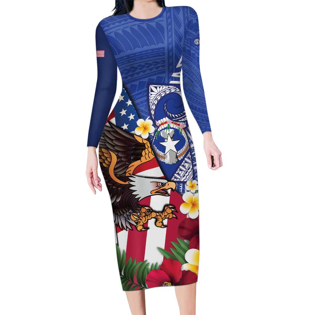 United States and Northern Mariana Islands Long Sleeve Bodycon Dress USA Flag Eagle CNMI Latte Stone Tropical Flowers