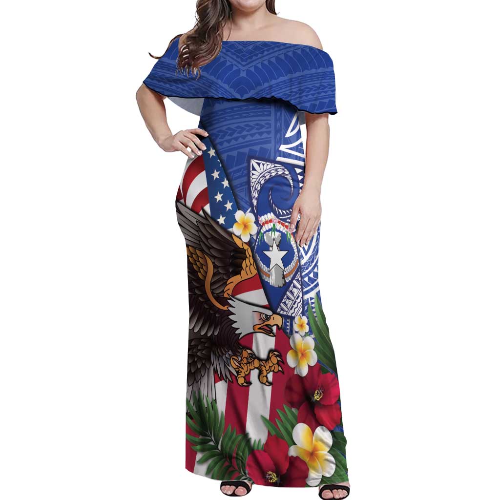 United States and Northern Mariana Islands Off Shoulder Maxi Dress USA Flag Eagle CNMI Latte Stone Tropical Flowers