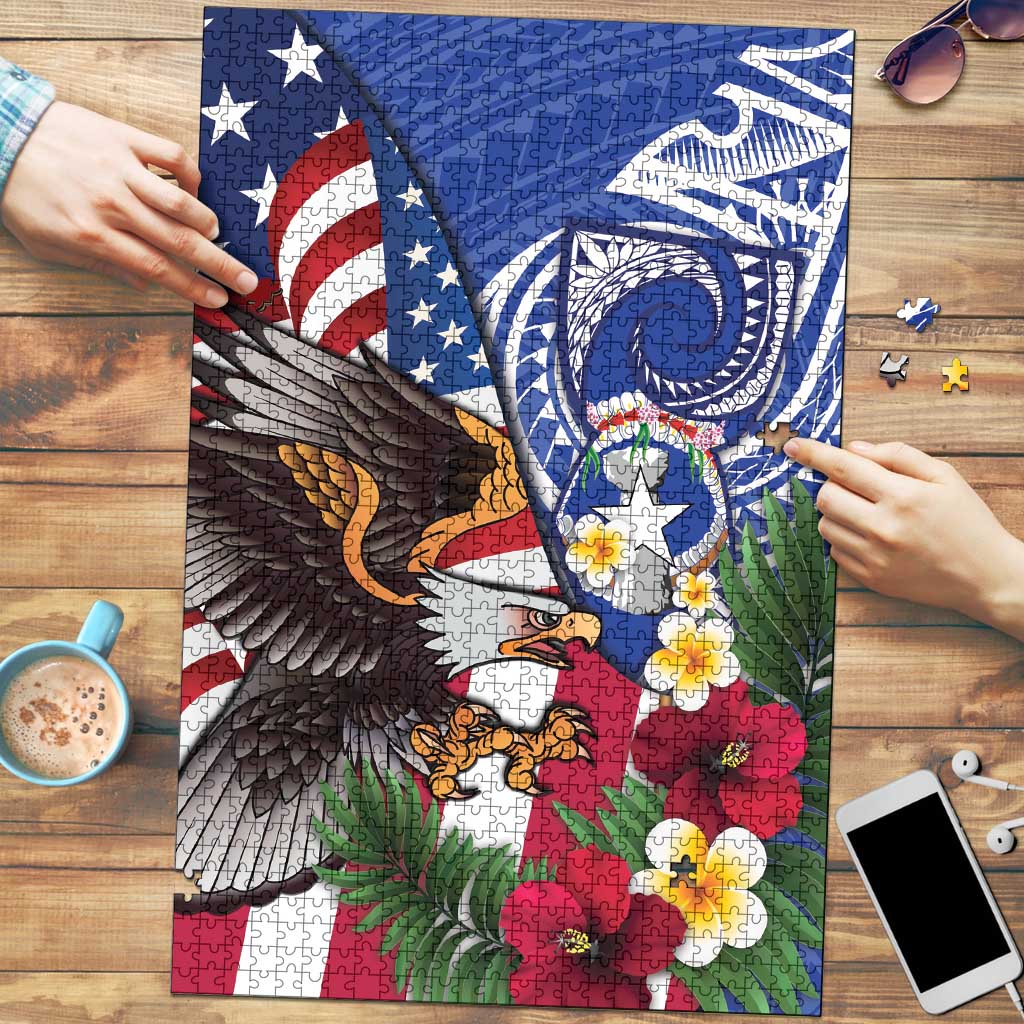 United States and Northern Mariana Islands Puzzle USA Flag Eagle CNMI Latte Stone Tropical Flowers