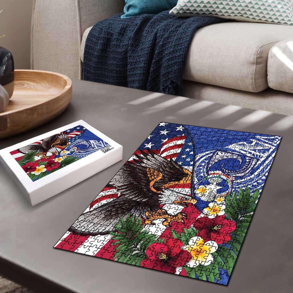United States and Northern Mariana Islands Puzzle USA Flag Eagle CNMI Latte Stone Tropical Flowers