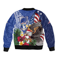 United States and Northern Mariana Islands Sleeve Zip Bomber Jacket USA Flag Eagle CNMI Latte Stone Tropical Flowers