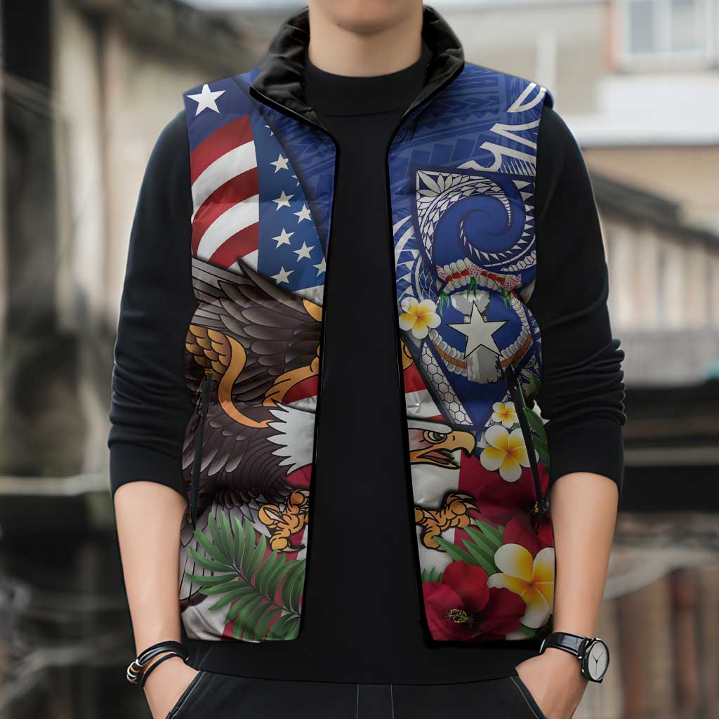 United States and Northern Mariana Islands Sleeveless Puffer Jacket USA Flag Eagle CNMI Latte Stone Tropical Flowers