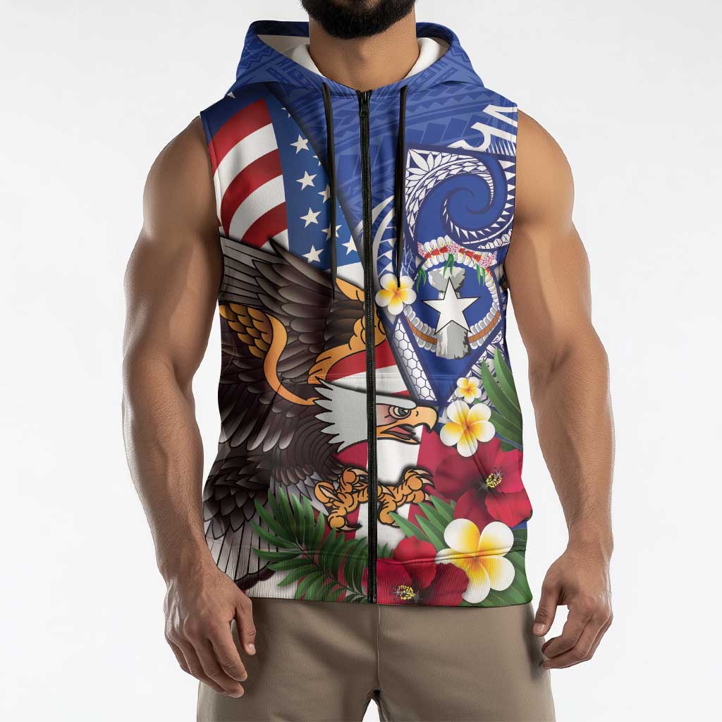 United States and Northern Mariana Islands Sleeveless Zip Hoodie USA Flag Eagle CNMI Latte Stone Tropical Flowers