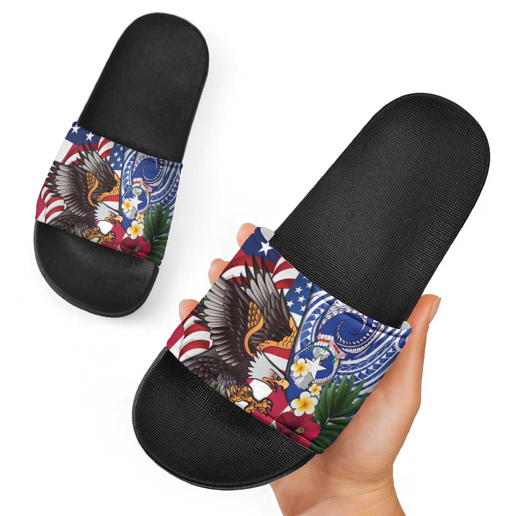 United States and Northern Mariana Islands Slide Sandals USA Flag Eagle CNMI Latte Stone Tropical Flowers