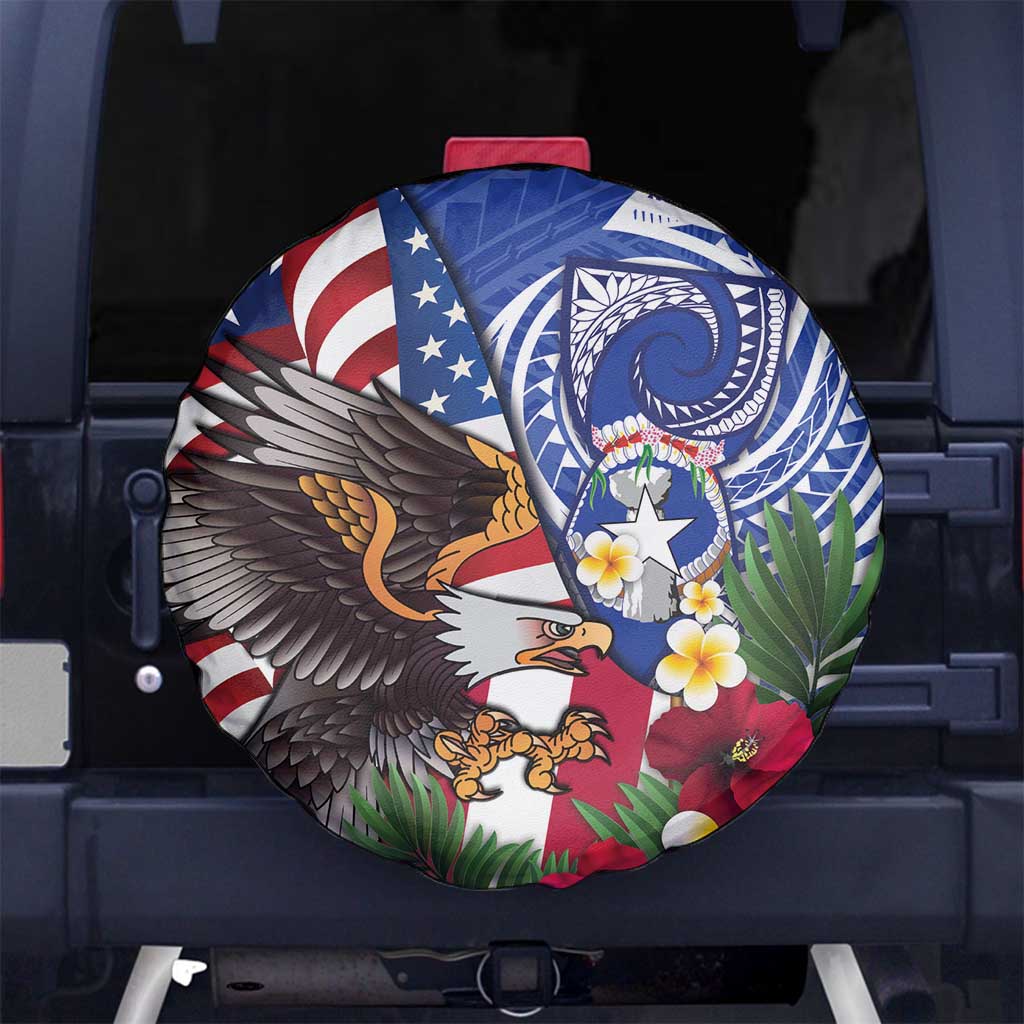 United States and Northern Mariana Islands Spare Tire Cover USA Flag Eagle CNMI Latte Stone Tropical Flowers