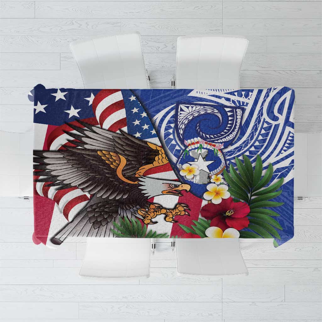 United States and Northern Mariana Islands Tablecloth USA Flag Eagle CNMI Latte Stone Tropical Flowers LT14 Blue - Polynesian Pride