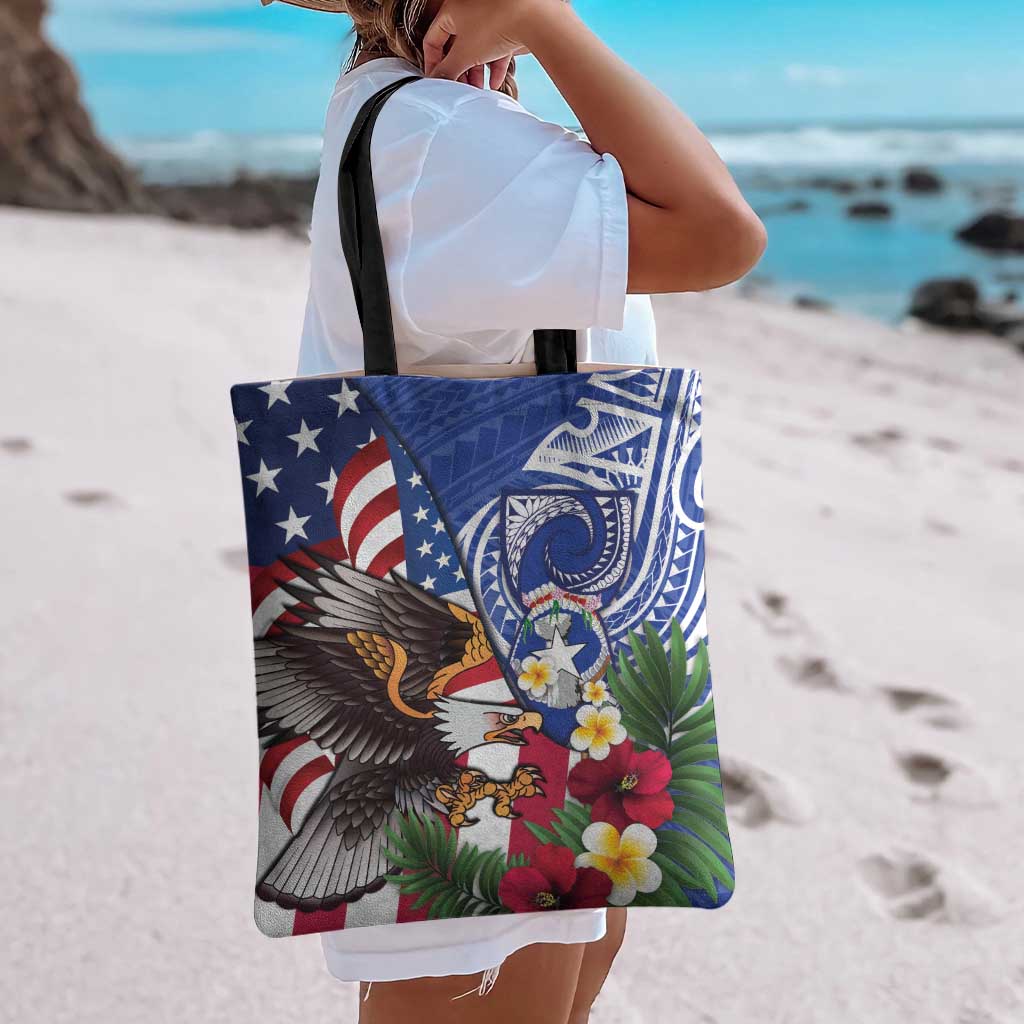 United States and Northern Mariana Islands Tote Bag USA Flag Eagle CNMI Latte Stone Tropical Flowers