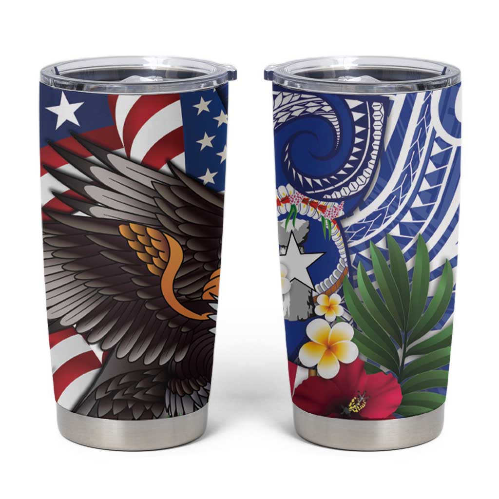 United States and Northern Mariana Islands Tumbler Cup USA Flag Eagle CNMI Latte Stone Tropical Flowers