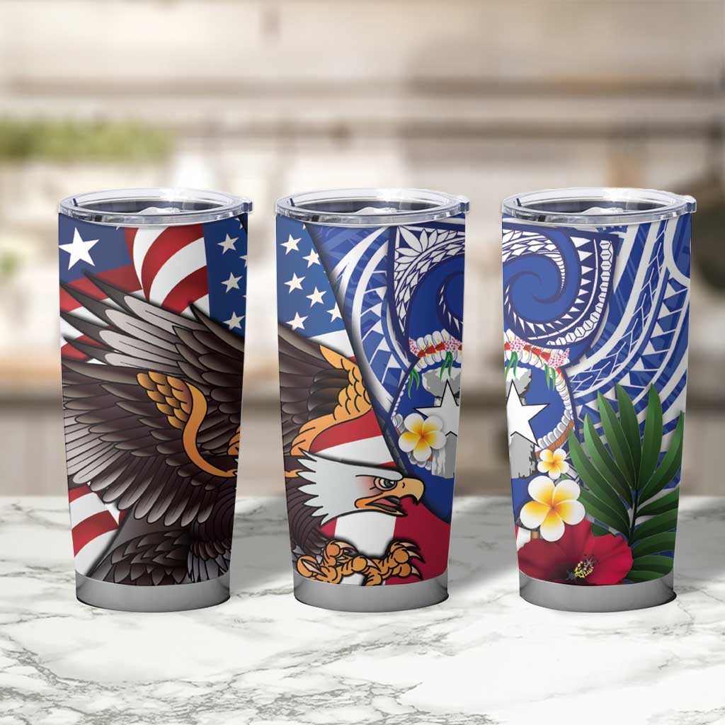 United States and Northern Mariana Islands Tumbler Cup USA Flag Eagle CNMI Latte Stone Tropical Flowers