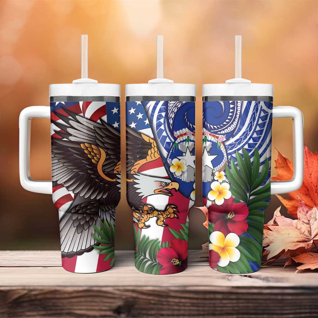 United States and Northern Mariana Islands Tumbler With Handle USA Flag Eagle CNMI Latte Stone Tropical Flowers
