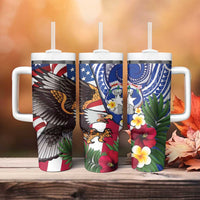 United States and Northern Mariana Islands Tumbler With Handle USA Flag Eagle CNMI Latte Stone Tropical Flowers