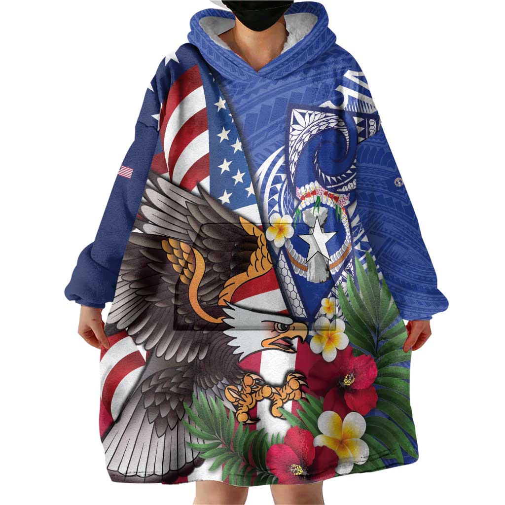 United States and Northern Mariana Islands Wearable Blanket Hoodie USA Flag Eagle CNMI Latte Stone Tropical Flowers