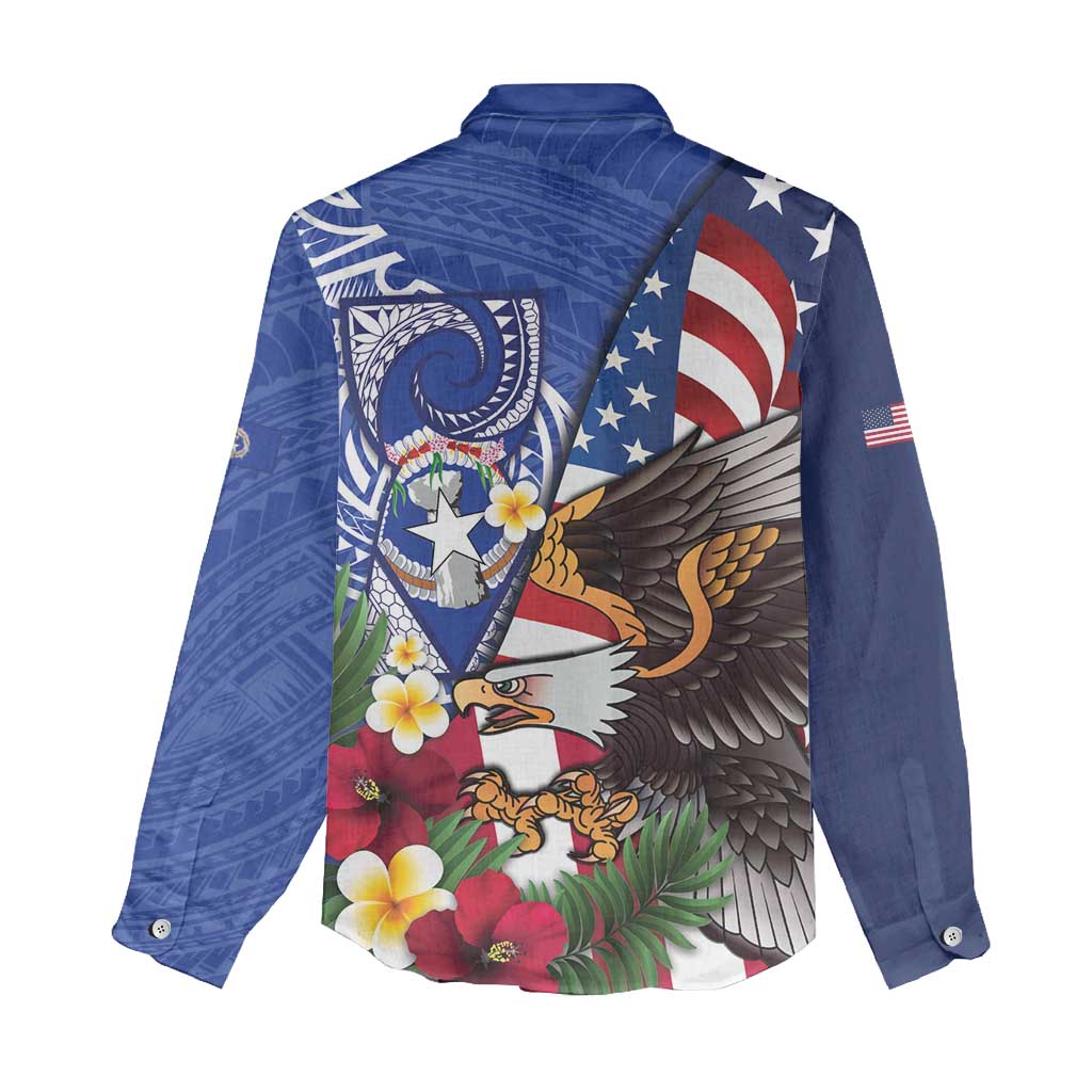 United States and Northern Mariana Islands Women Casual Shirt USA Flag Eagle CNMI Latte Stone Tropical Flowers