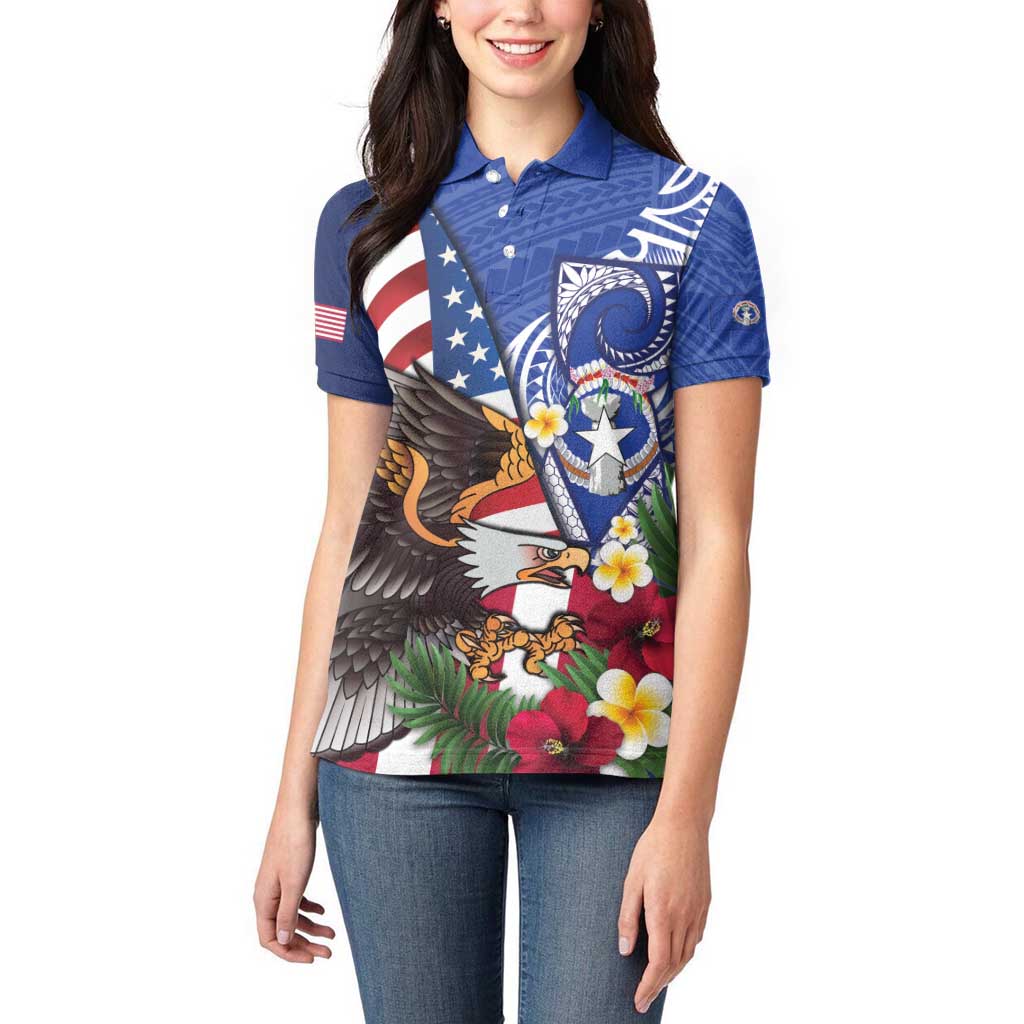 United States and Northern Mariana Islands Women Polo Shirt USA Flag Eagle CNMI Latte Stone Tropical Flowers