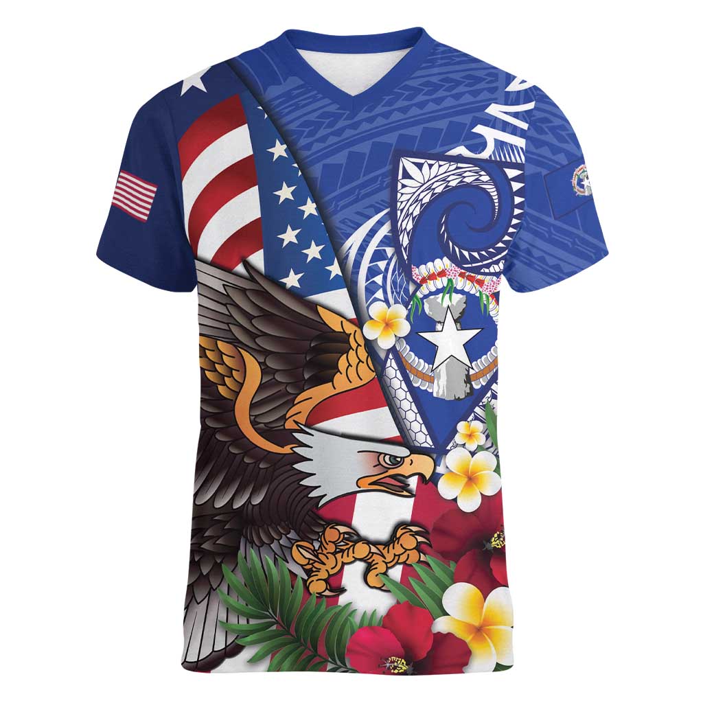 United States and Northern Mariana Islands Women V-Neck T-Shirt USA Flag Eagle CNMI Latte Stone Tropical Flowers