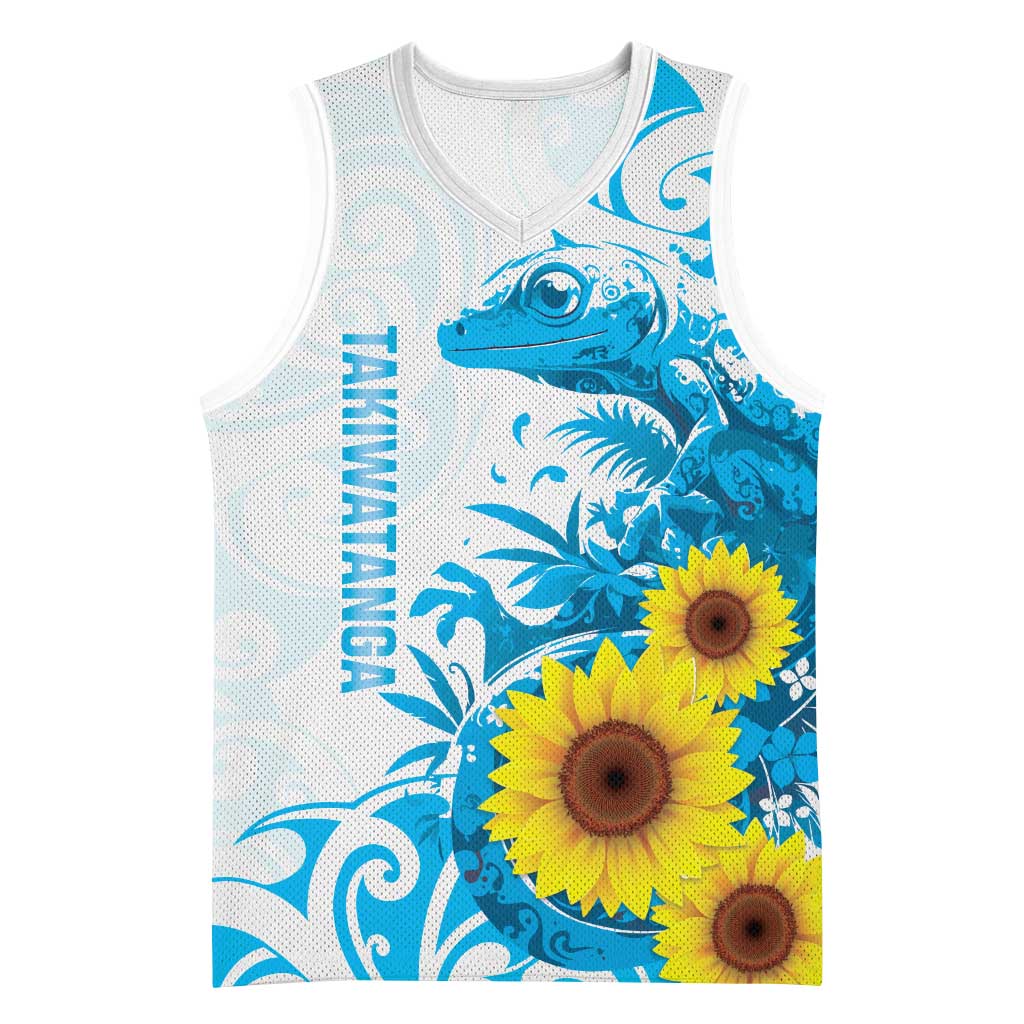 New Zealand Autism Awareness Month Basketball Jersey Takiwatanga Maori Lizard With Sunflower - Polynesian Pride