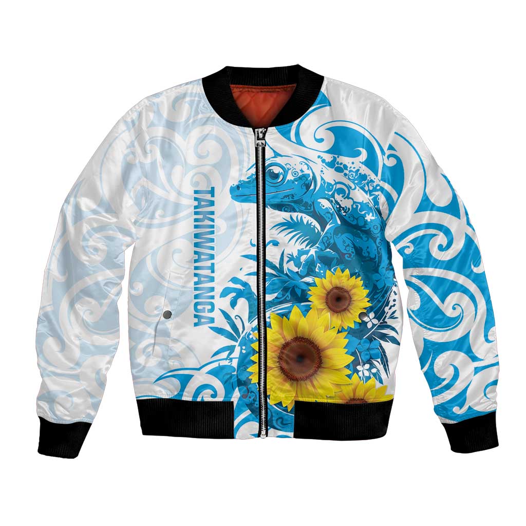 New Zealand Autism Awareness Month Bomber Jacket Takiwatanga Maori Lizard With Sunflower