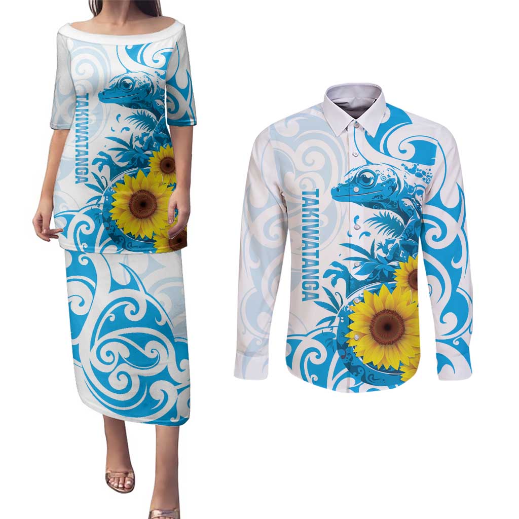 New Zealand Autism Awareness Month Couples Matching Puletasi and Long Sleeve Button Shirt Takiwatanga Maori Lizard With Sunflower