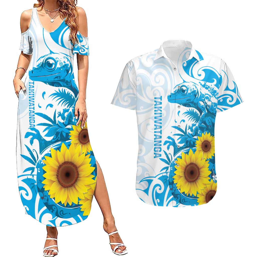 New Zealand Autism Awareness Month Couples Matching Summer Maxi Dress and Hawaiian Shirt Takiwatanga Maori Lizard With Sunflower