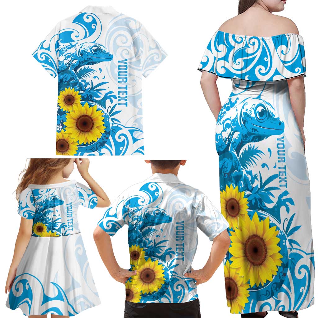 New Zealand Autism Awareness Month Family Matching Off Shoulder Maxi Dress and Hawaiian Shirt Takiwatanga Maori Lizard With Sunflower