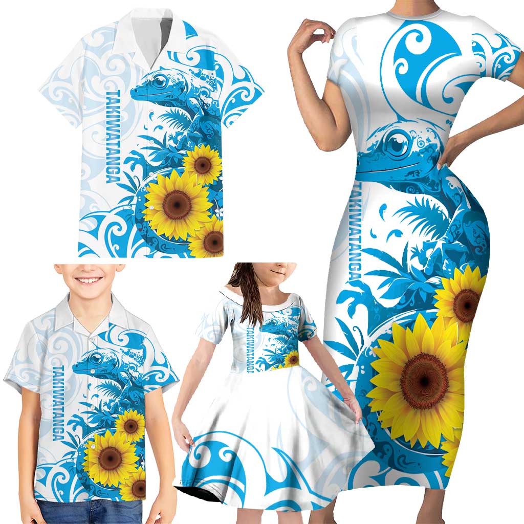 New Zealand Autism Awareness Month Family Matching Short Sleeve Bodycon Dress and Hawaiian Shirt Takiwatanga Maori Lizard With Sunflower