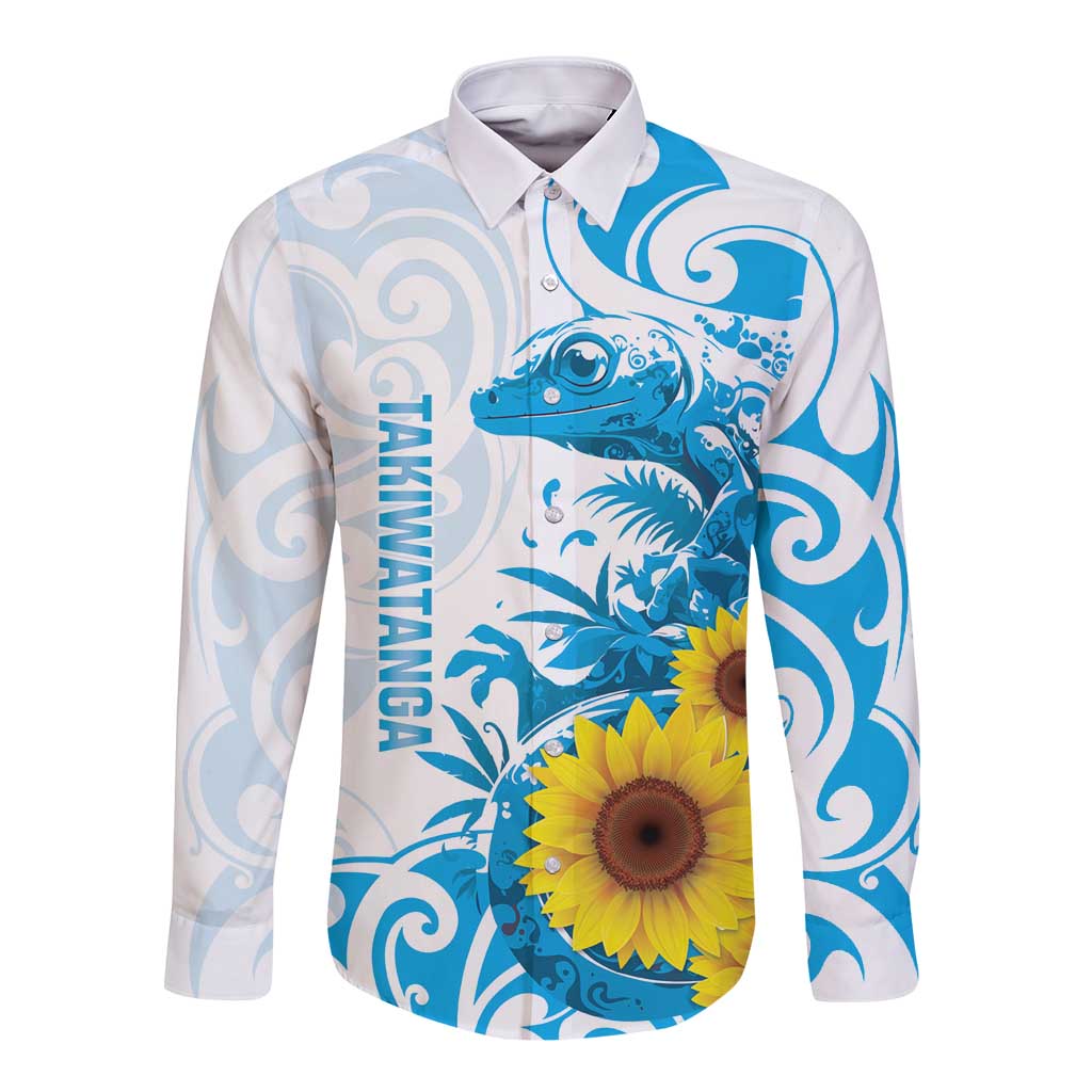 New Zealand Autism Awareness Month Long Sleeve Button Shirt Takiwatanga Maori Lizard With Sunflower