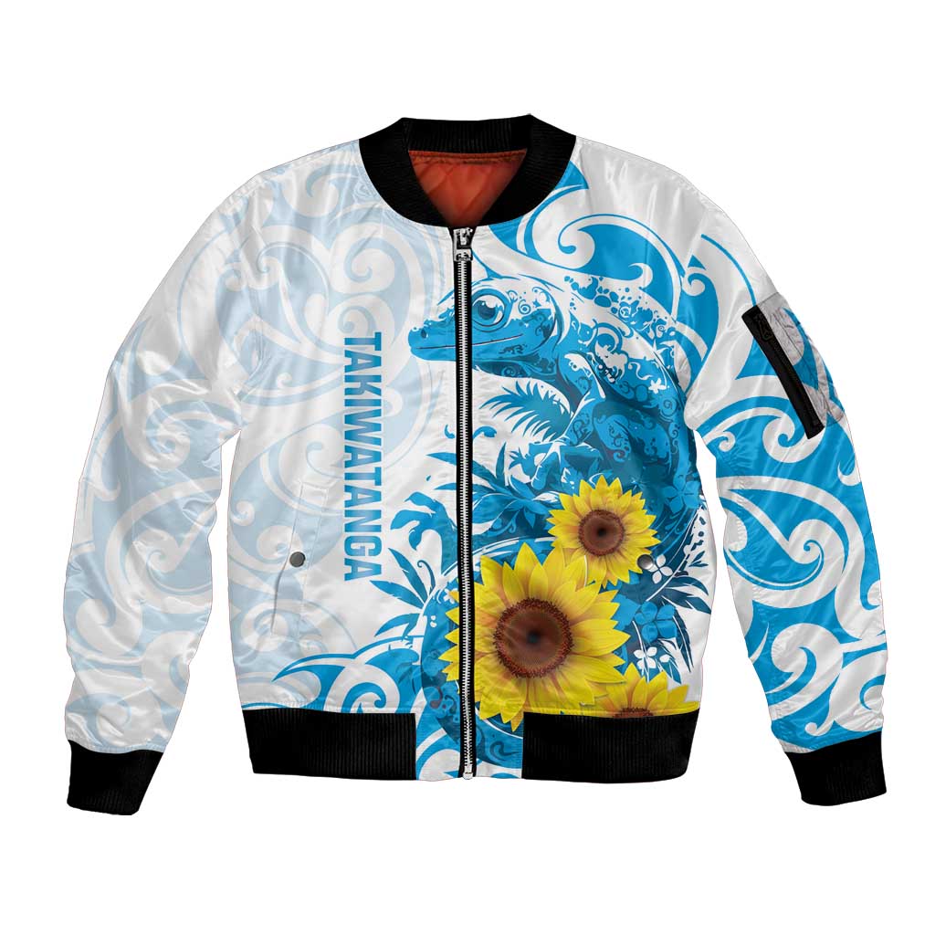 New Zealand Autism Awareness Month Sleeve Zip Bomber Jacket Takiwatanga Maori Lizard With Sunflower