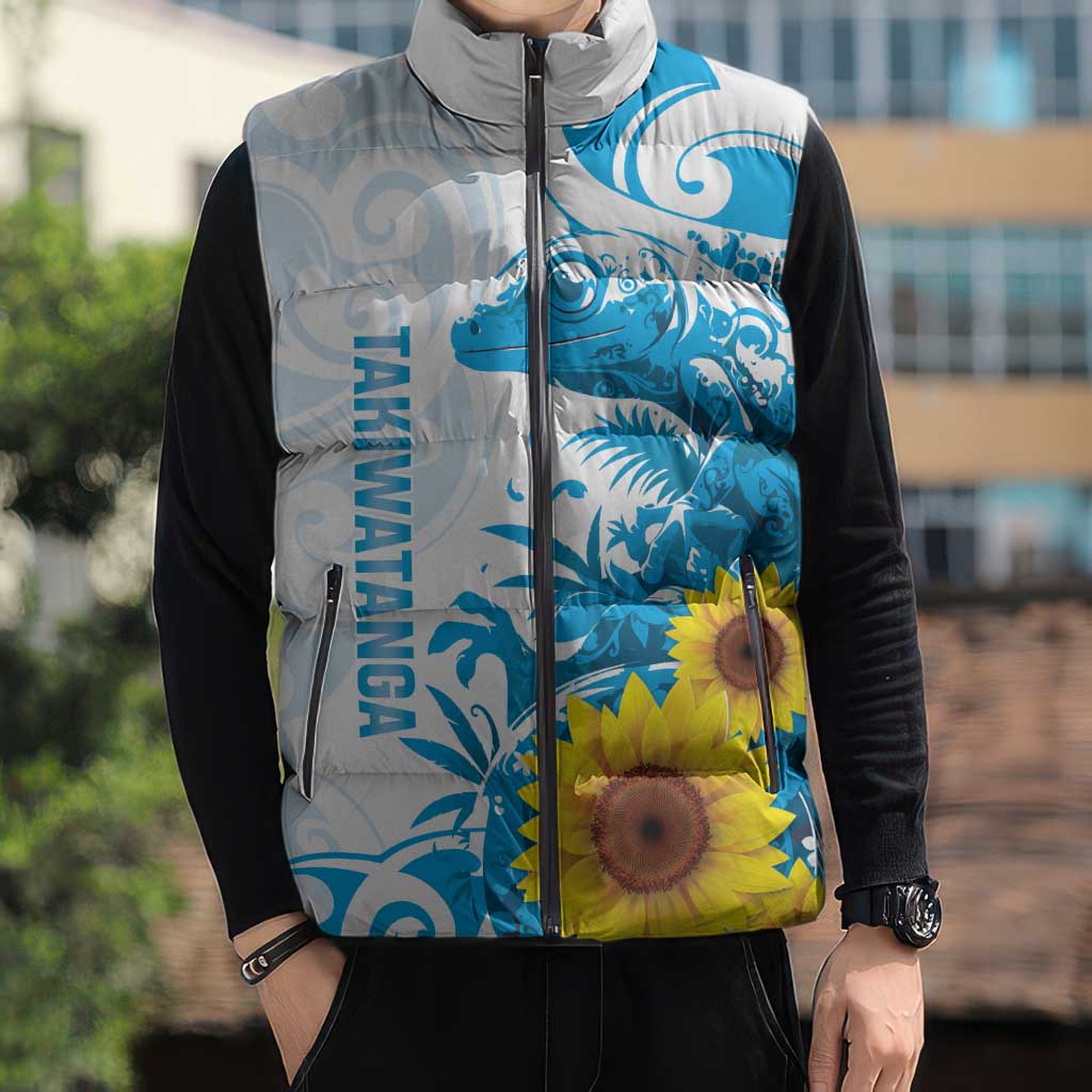 New Zealand Autism Awareness Month Sleeveless Puffer Jacket Takiwatanga Maori Lizard With Sunflower - Polynesian Pride
