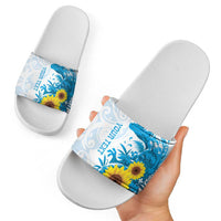 New Zealand Autism Awareness Month Slide Sandals Takiwatanga Maori Lizard With Sunflower - Polynesian Pride