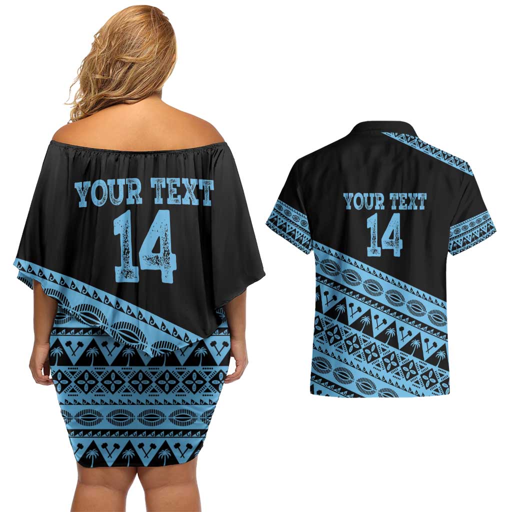 Fiji Rugby 2025 Custom Couples Matching Off Shoulder Short Dress and Hawaiian Shirt Fijian Tapa Toso Viti Toso - Black