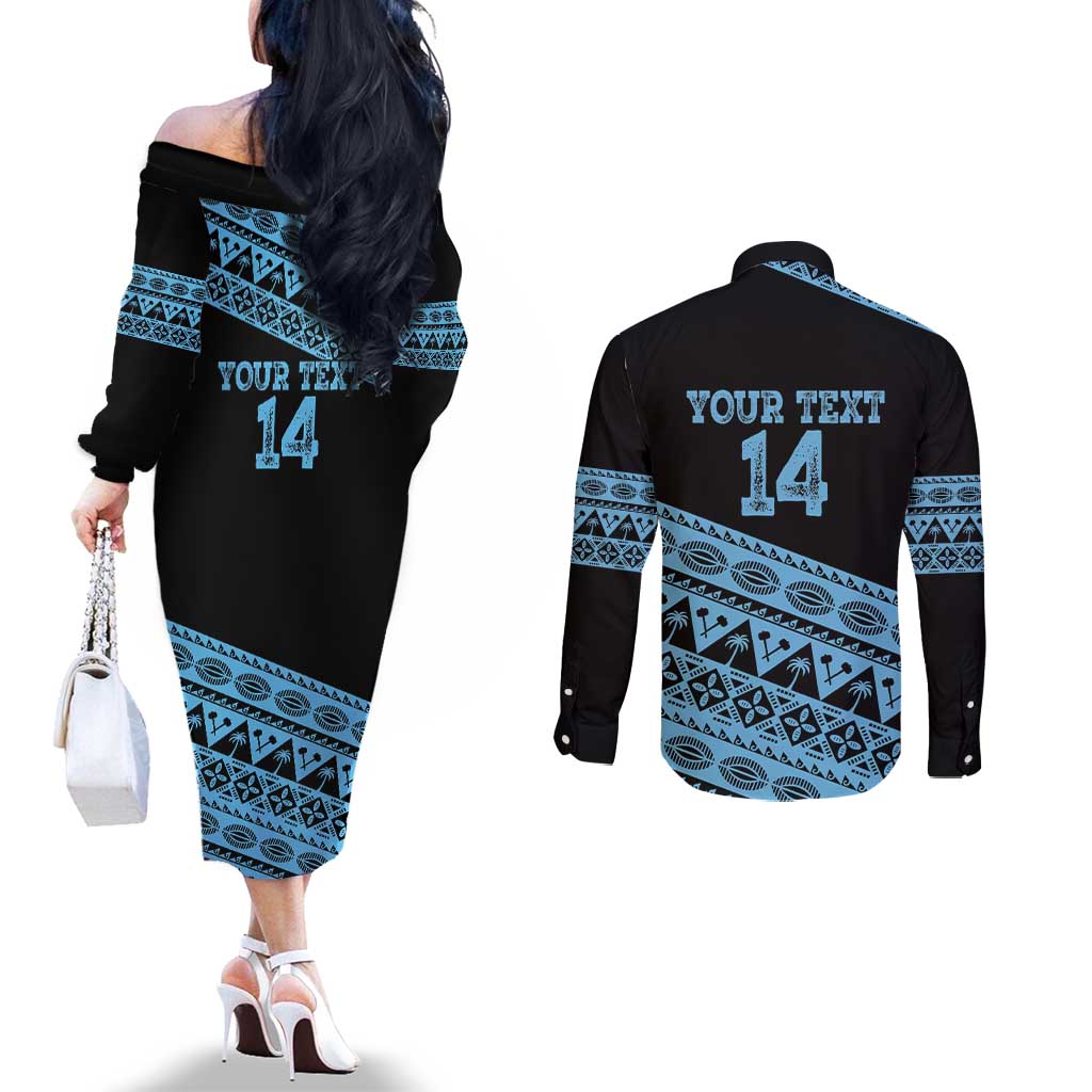 Fiji Rugby 2025 Custom Couples Matching Off The Shoulder Long Sleeve Dress and Long Sleeve Button Shirt Fijian Tapa Toso Viti Toso - Black