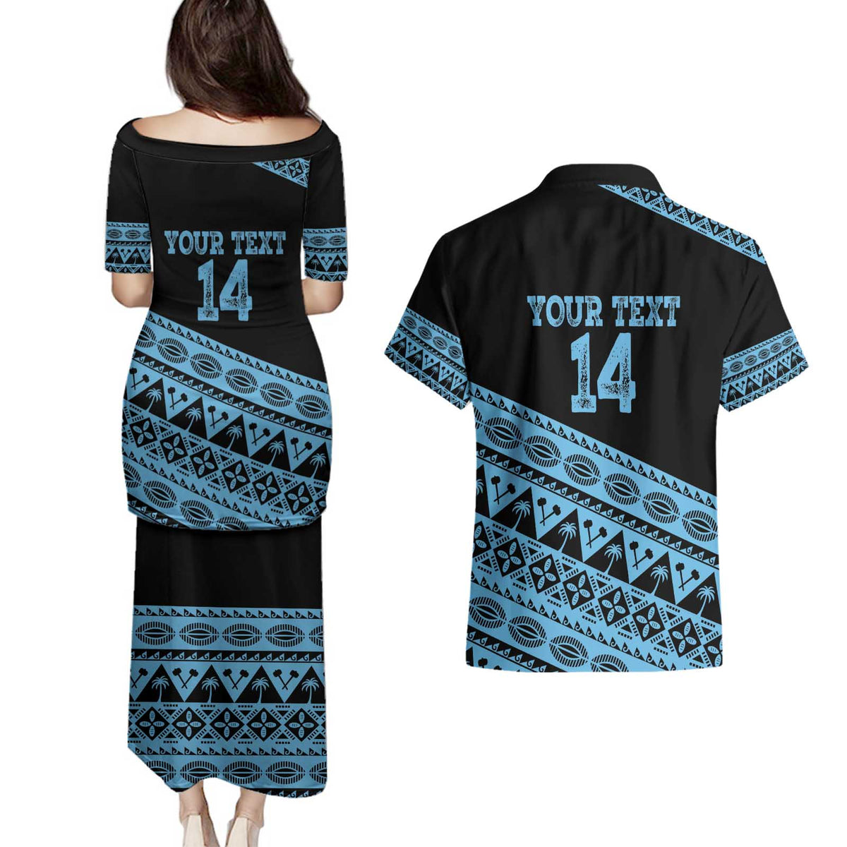 Fiji Rugby 2025 Custom Couples Matching Puletasi and Hawaiian Shirt Fijian Tapa Toso Viti Toso - Black