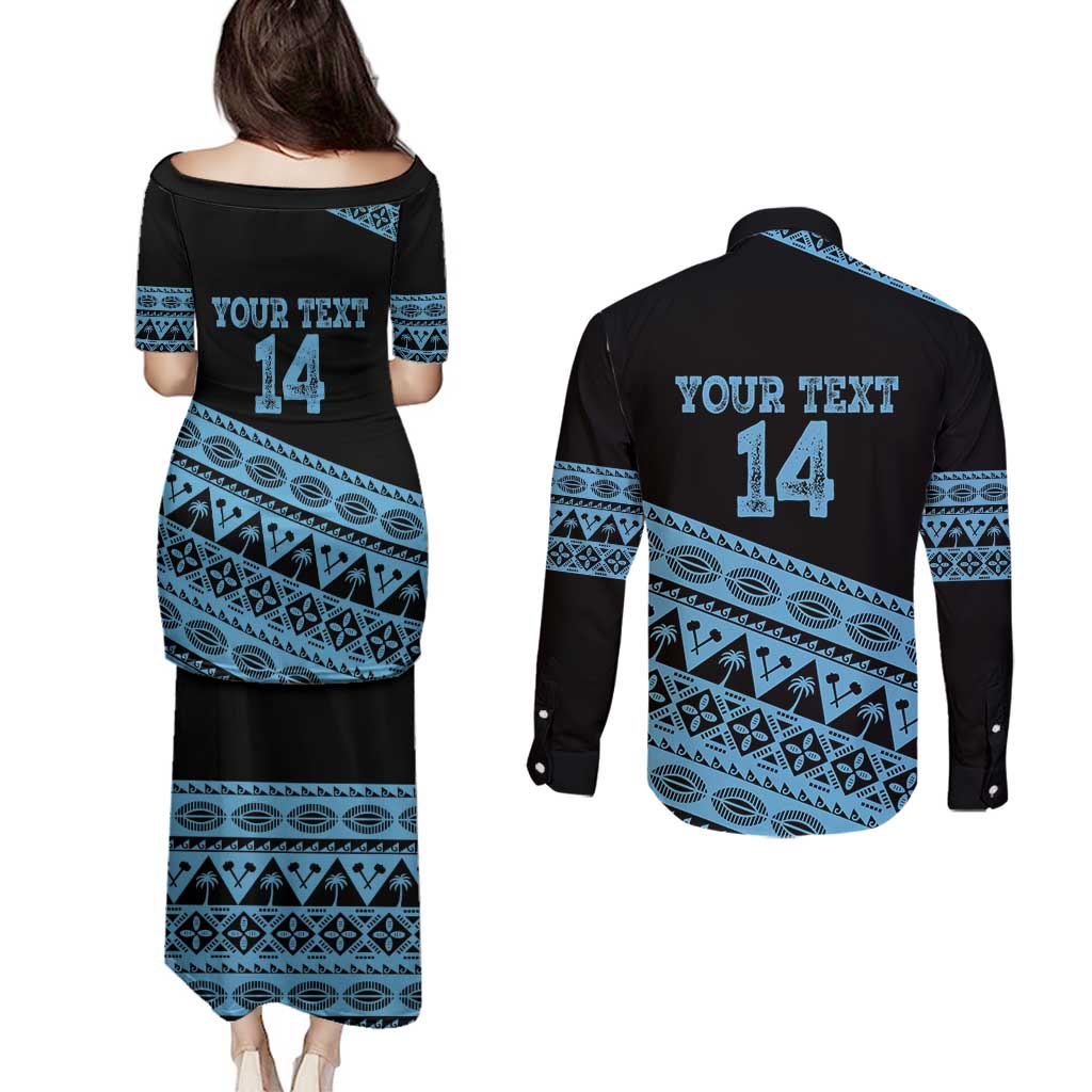 Fiji Rugby 2025 Custom Couples Matching Puletasi and Long Sleeve Button Shirt Fijian Tapa Toso Viti Toso - Black