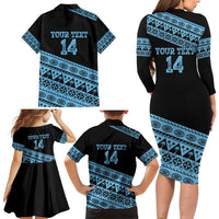 Fiji Rugby 2025 Custom Family Matching Long Sleeve Bodycon Dress and Hawaiian Shirt Fijian Tapa Toso Viti Toso - Black