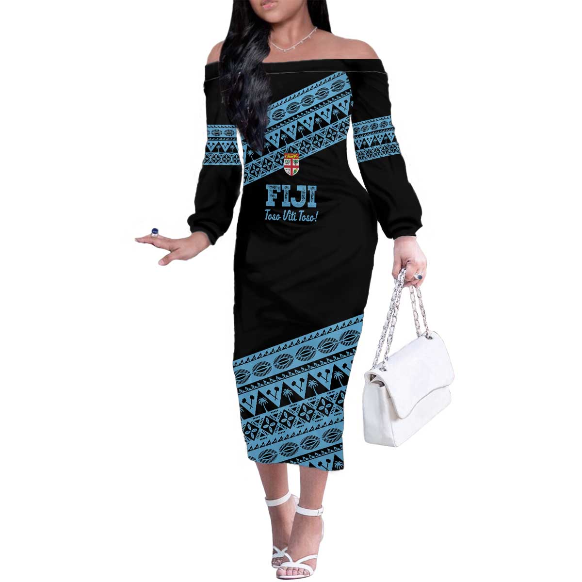 Fiji Rugby 2025 Custom Family Matching Off The Shoulder Long Sleeve Dress and Hawaiian Shirt Fijian Tapa Toso Viti Toso - Black