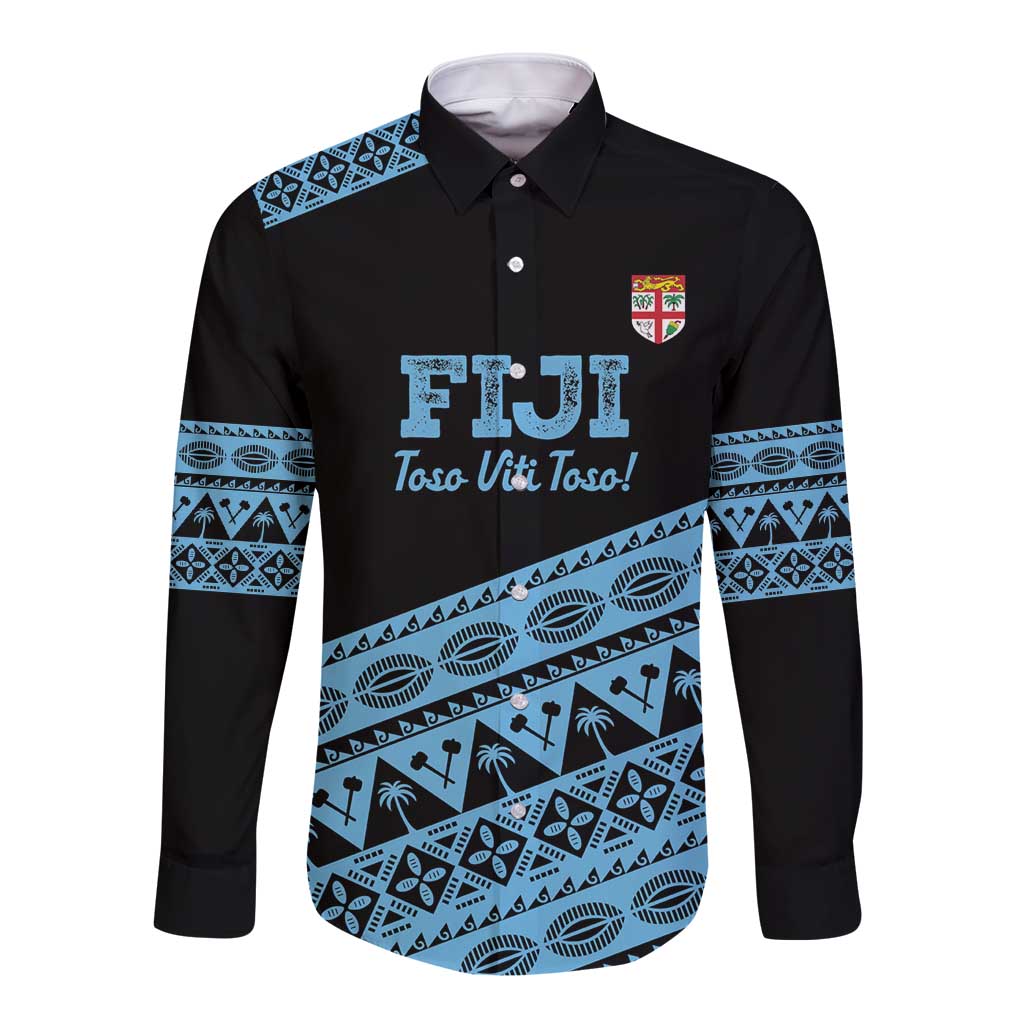 Fiji Rugby 2025 Custom Long Sleeve Button Shirt Fijian Tapa Toso Viti Toso - Black