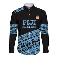 Fiji Rugby 2025 Custom Long Sleeve Button Shirt Fijian Tapa Toso Viti Toso - Black
