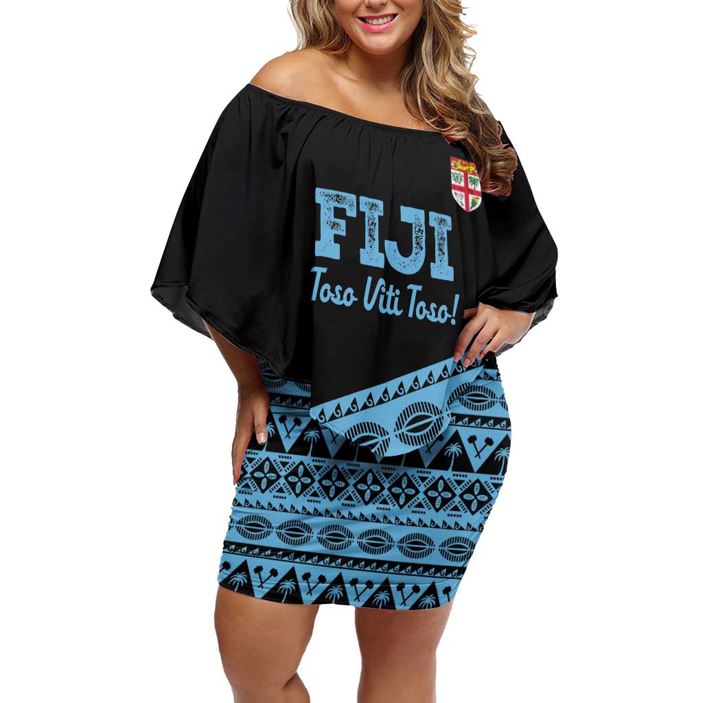 Fiji Rugby 2025 Custom Off Shoulder Short Dress Fijian Tapa Toso Viti Toso - Black